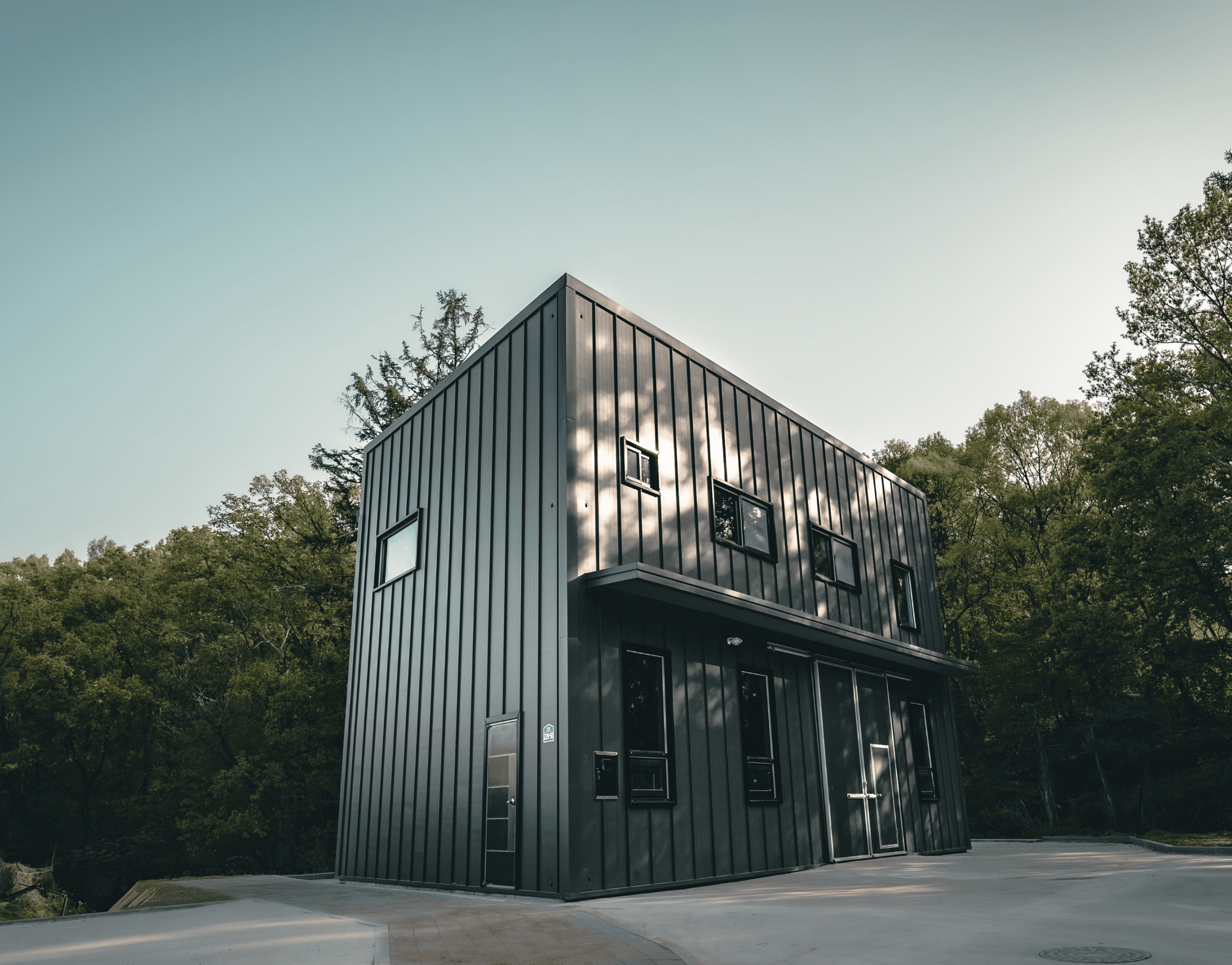 Modern architectural building in a forest setting