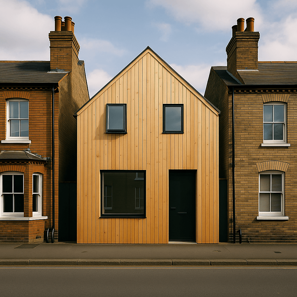 Contemporary take on the Norwegian timber clad home delivered on a typical UK street.